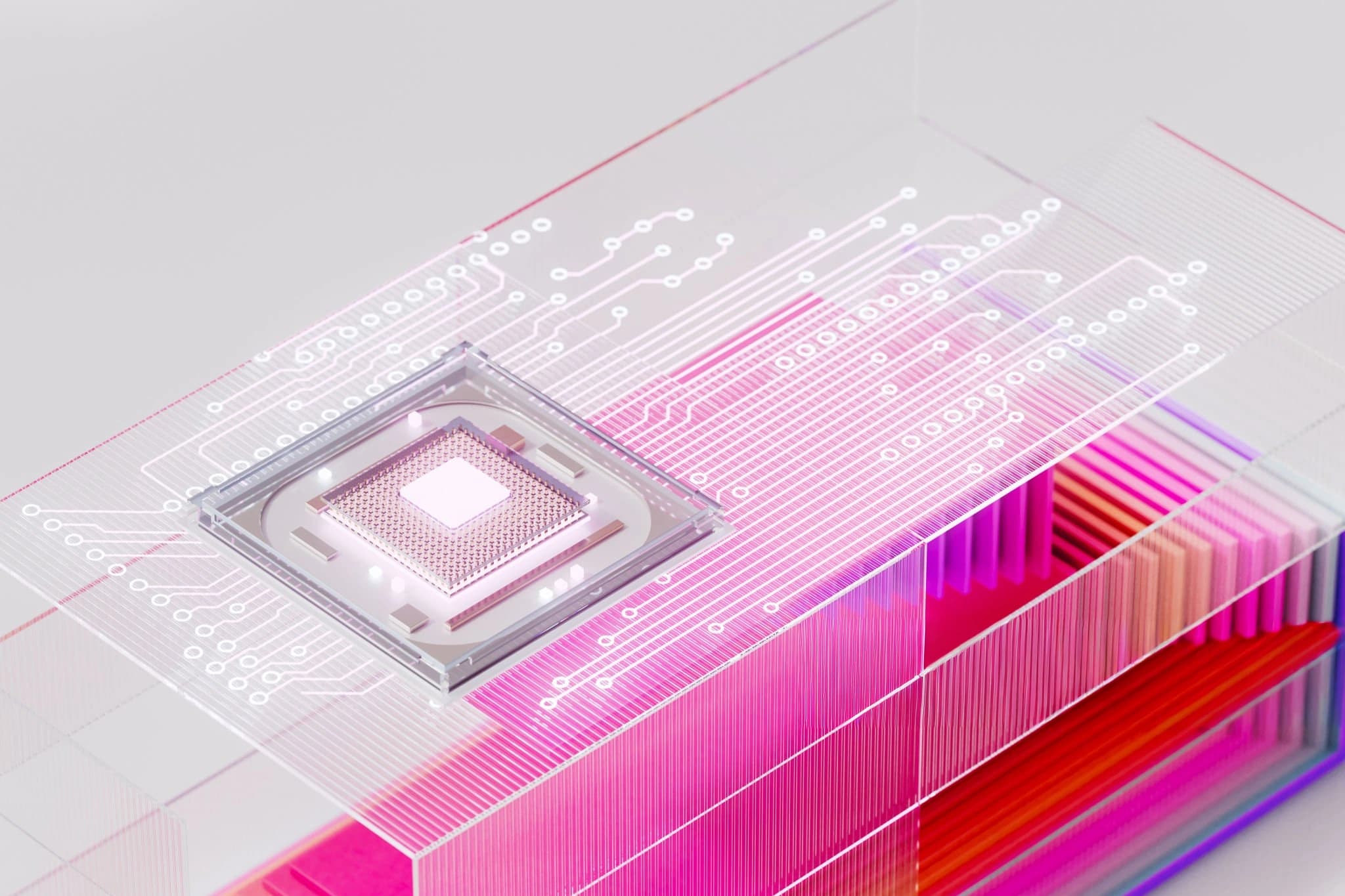 Layered translucent digital processor illustration in pink and white.