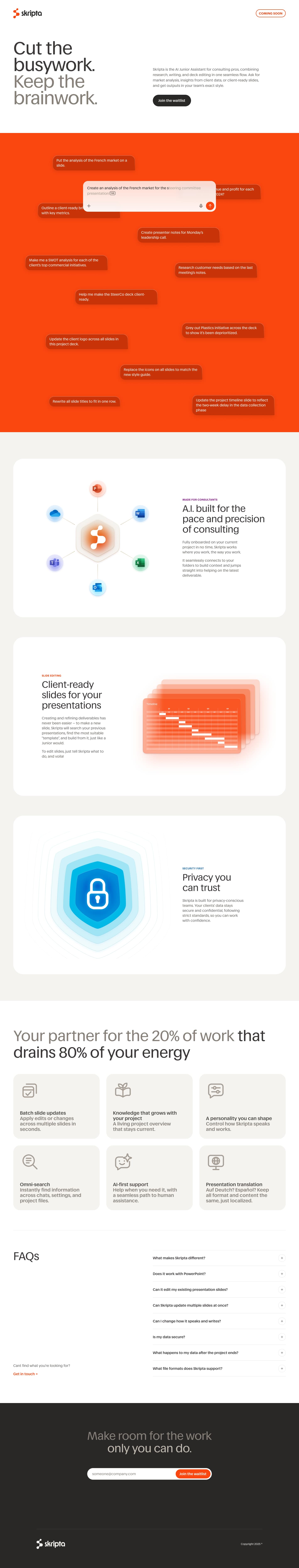 Full Skripta launch landing page design, from introduction and product features to the waitlist