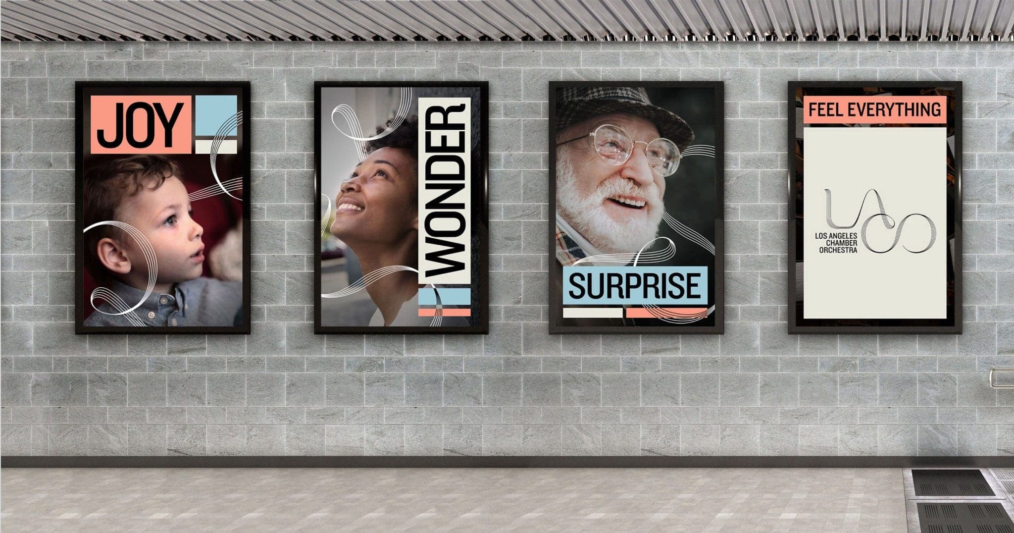 Four LACO posters combining portraits, expressive words and musical lines