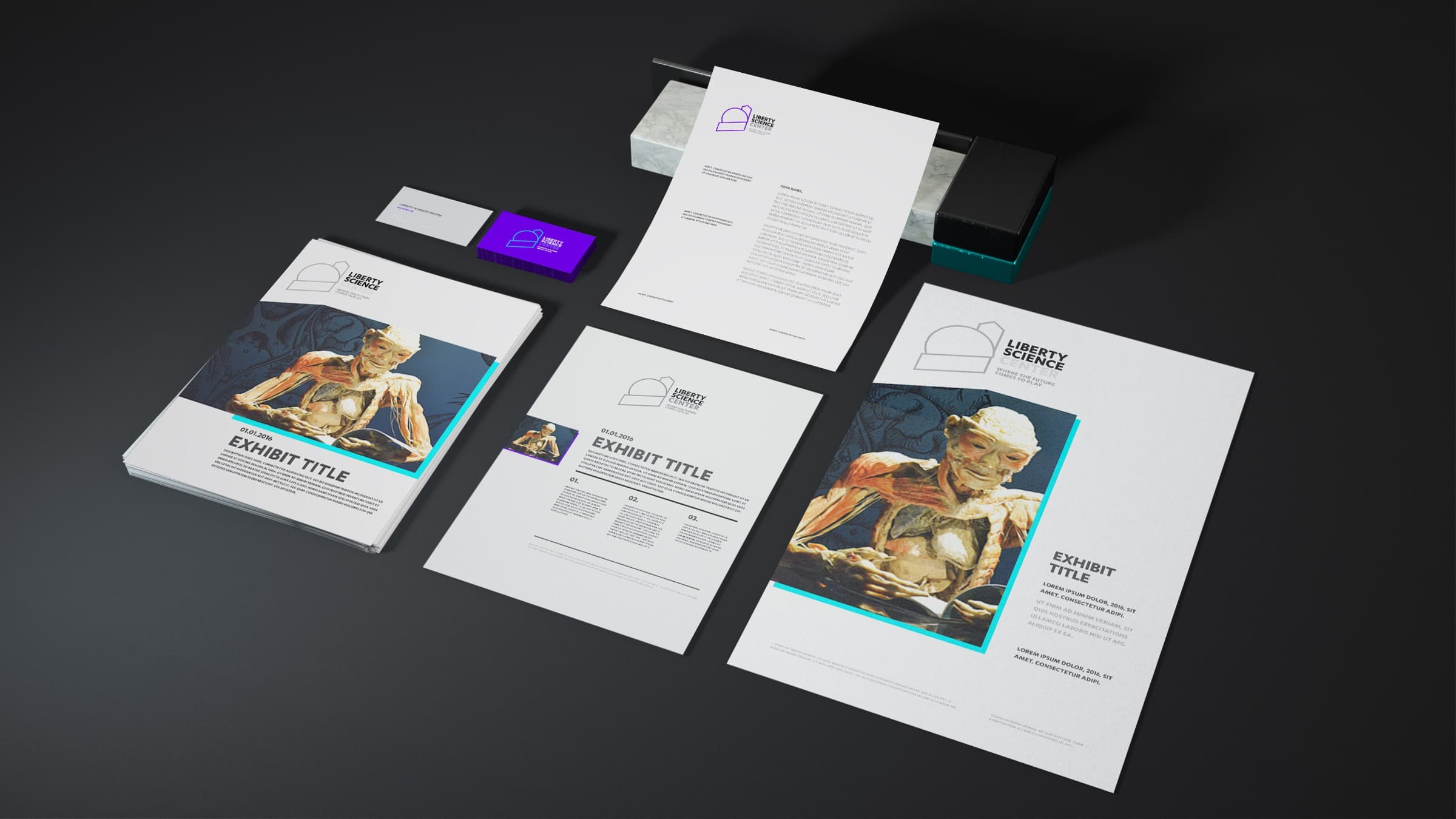 Liberty Science Center stationery and brochure application studies