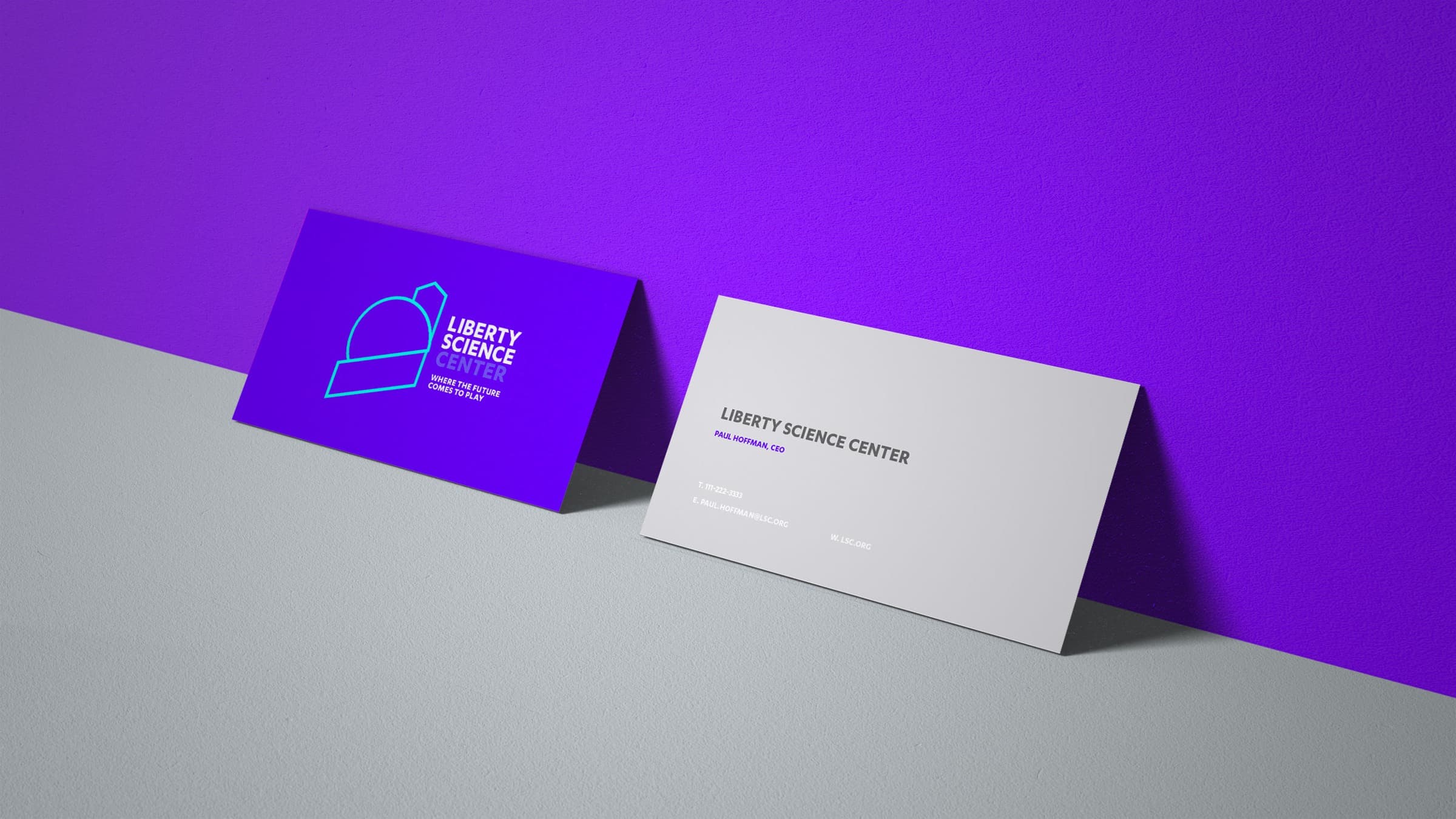 Liberty Science Center business card mockups in violet and white